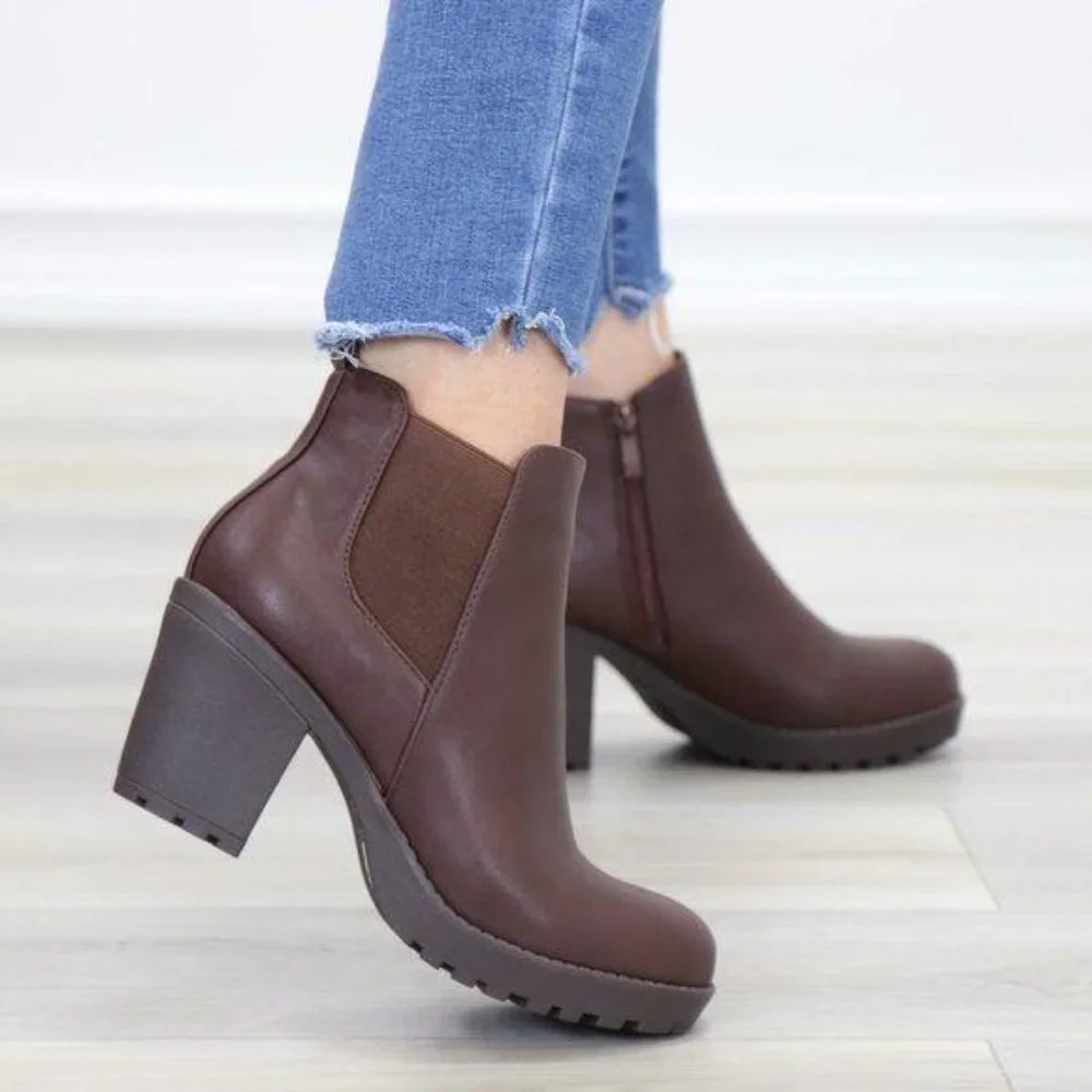 Lug Sole Ankle Boots Brown Chelsea Booties - Picture 11 of 15